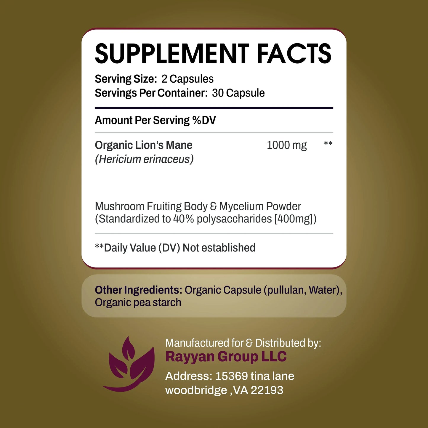 Organic Lion’s Mane Mushroom (60 Vegan Capsules) NUTRIILAB