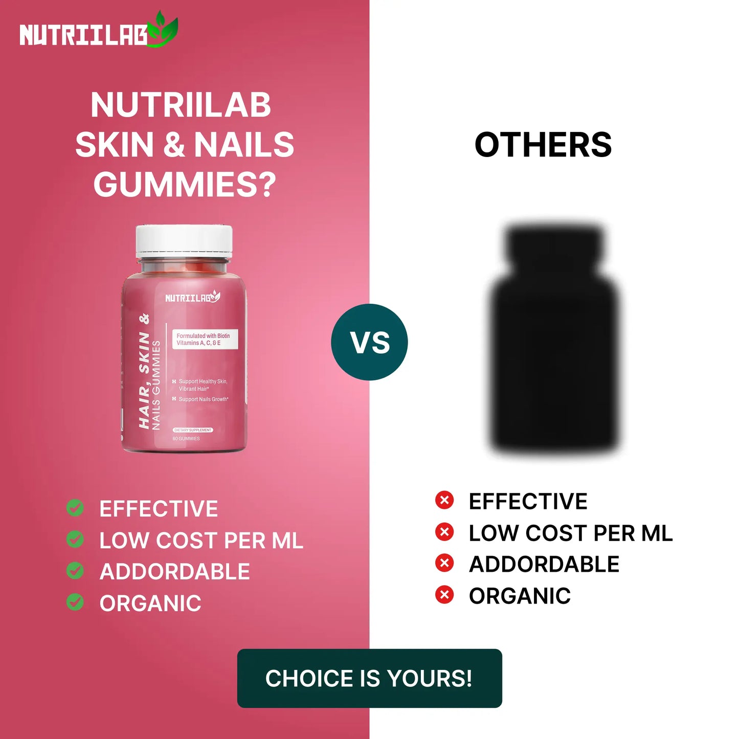 Hair, Skin & Nails Gummies | 6000mcg Biotin + Collagen & Vitamin C | Passion Fruit Flavor – 60ct NUTRIILAB