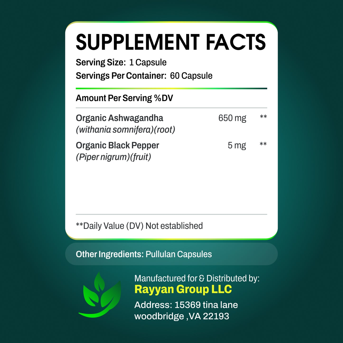 Nutriilab Organic Ashwagandha with Black Pepper