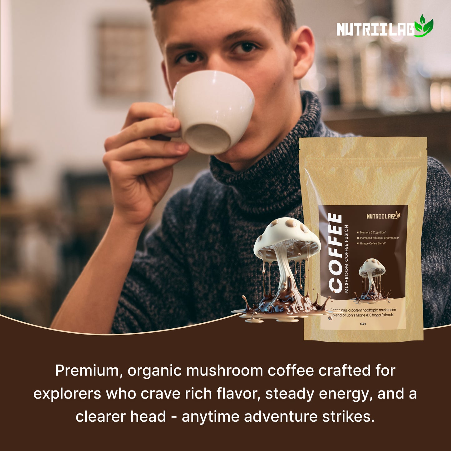 Nutriilab Mushroom Coffee | Best Organic Ground Coffee with Lion's Mane Mushroom and Chaga