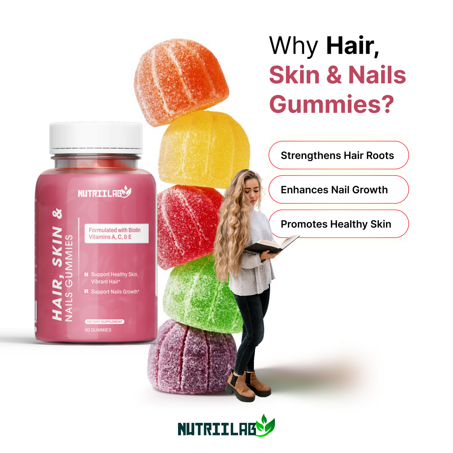 Hair, Skin & Nails Gummies | 6000mcg Biotin + Collagen & Vitamin C | Passion Fruit Flavor – 60ct